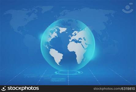global business, mass media and modern technology concept - virtual globe and map projection over blue background
