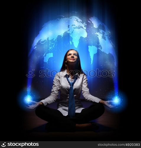 global business network. Young businesswoman against blue global technology background