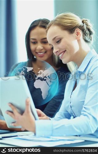 global business, people and technology concept - smiling businesswomen with tablet pc computer and world globe projection meeting in office