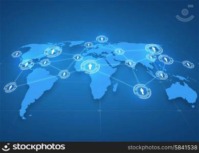 global business, social network, mass media and technology concept - world map projection with people icons over blue background
