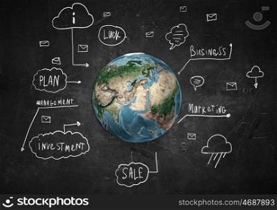 Global business strategy. Background image of world map on concrete wall. Elements of this image are furnished by NASA