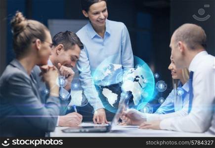 global business, technology, management , connection and people concept - smiling female boss talking to business team in office
