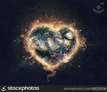 Global catastrophe concept. Burning Earth Planet on dark background. Elements of this image are furnished by NASA