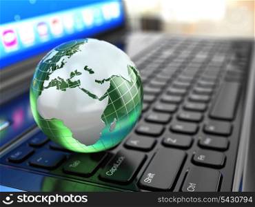 Global communications. Earth on laptop keyboard. 3d.