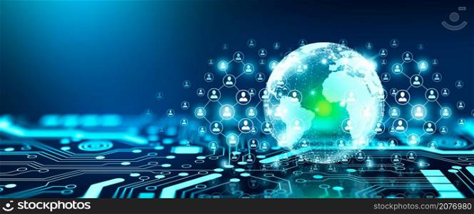 Global connected of digital world data technology Concept. Internet communication and Business technology with People network community around the world. Abstract blue background and 3D rendering.