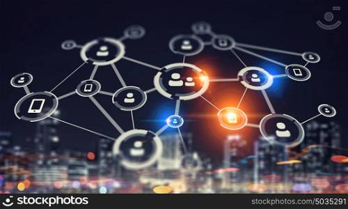 Global connection and interaction. People network connection concept against night city background 3D rendering