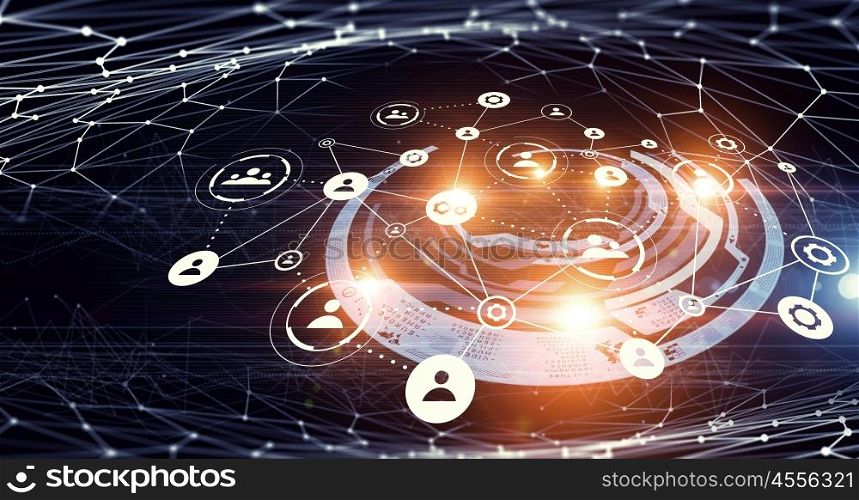 Global connection and interaction. Social connection media background with nets and icons 3D rendering