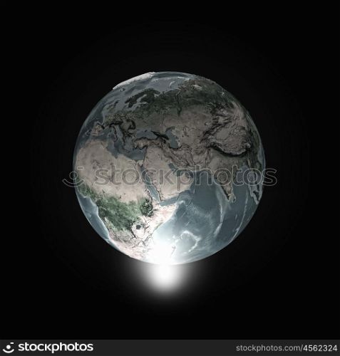 Global connection. Human hand pointing with finger on Earth planet. Elements of this image are furnished by NASA