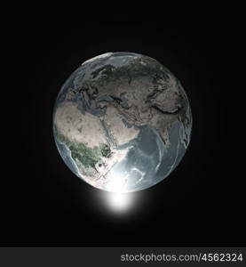 Global connection. Human hand pointing with finger on Earth planet. Elements of this image are furnished by NASA