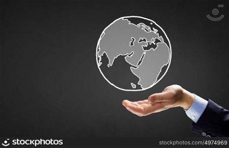 Global connection. Human hand presenting on palm planet Earth