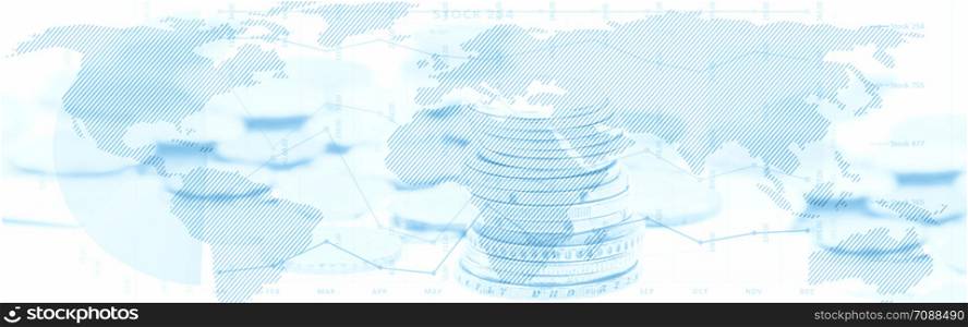 Global corporate business banner - map of the world and stock market graphs on a blurred background of the money (composite and blue filter effect)