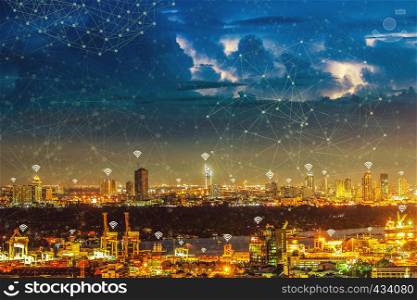 Global digital connection communication social network concept. Connection glowing dots and lines on world map in the sky. Digital technology background. Some element of this image furnished by NASA.