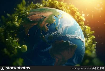 Global earth in sun light bokeh background.