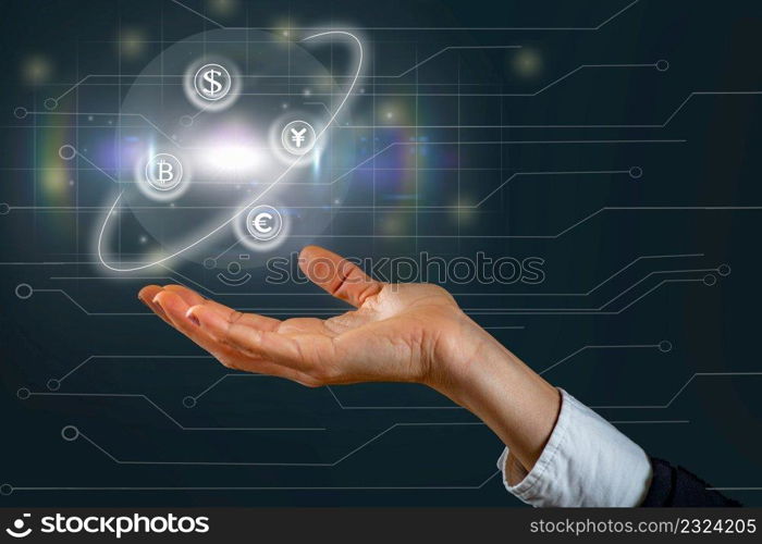 Global Financial Market Concept. Hand holding a digitally created virtual globe with currency signs.  . Global Financial Market