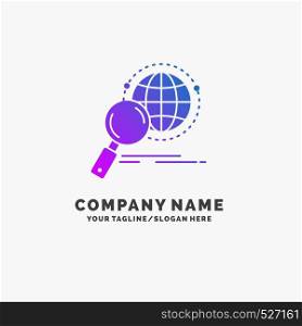 global, globe, magnifier, research, world Purple Business Logo Template. Place for Tagline.. Vector EPS10 Abstract Template background