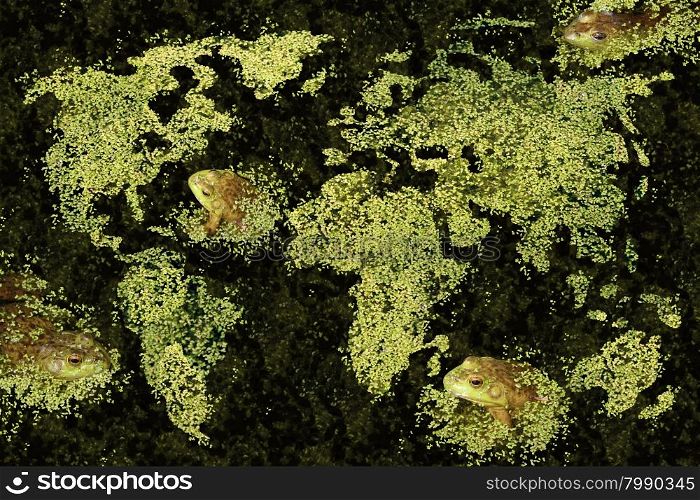 Global habitat concept and the world conservation of clean green environment with a duckweed or aquatic plant map of the planet earth with a group of frogs in a pond or lake as an environmental protection symbol.