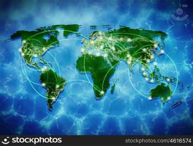 Global interaction. Background image with world map and connection lines