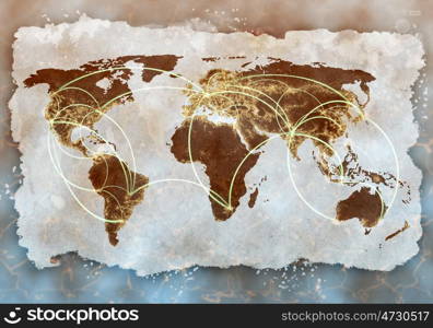 Global interaction. Background image with world map and connection lines