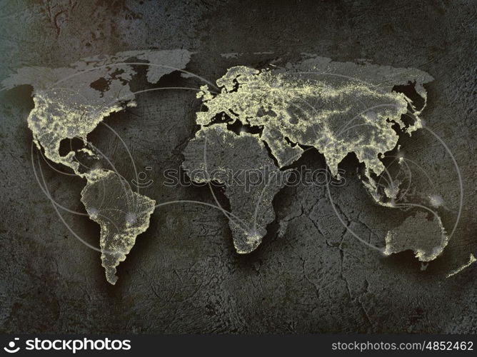 Global interaction. Background image with world map and connection lines