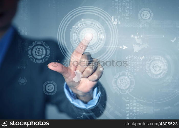 Global interaction. Close up of businessman touching digital screen with finger