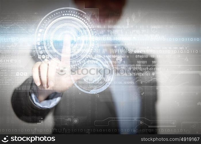 Global interaction. Close up of businesswoman touching media screen with finger