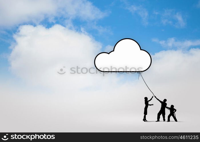 Global interaction. Silhouettes of people pulling Earth plane with rope