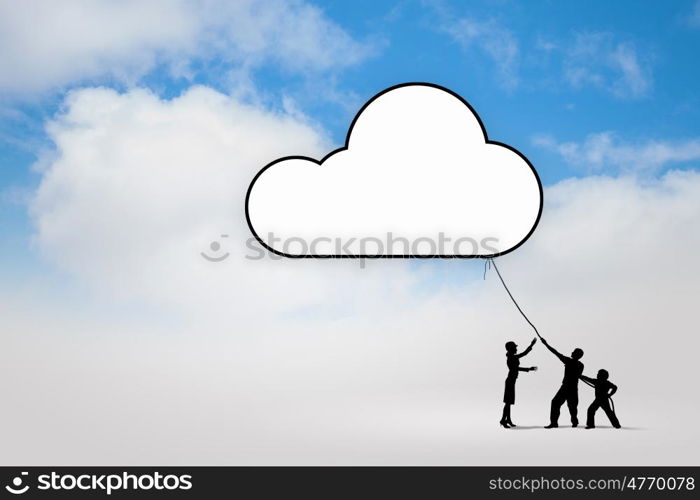 Global interaction. Silhouettes of people pulling Earth plane with rope