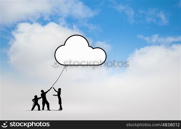 Global interaction. Silhouettes of people pulling Earth plane with rope