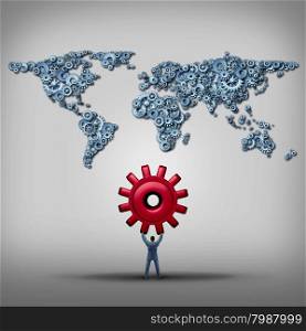Global management business concept as a businessman lifting up a red gear facing a group of gears and cog wheels shaped as a world map as a success metaphor for an international strategy.