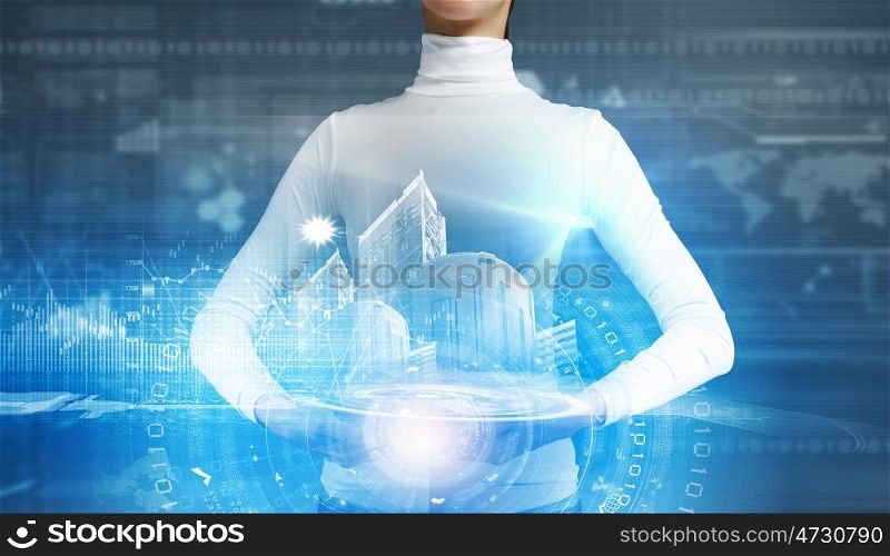 Global media technologies. Young woman holding digital Earth planet in hands
