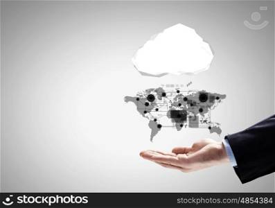 Global net. Close up of businessman hand holding cloud with social net concept