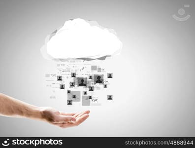 Global net. Close up of businessman hand holding cloud with social net concept