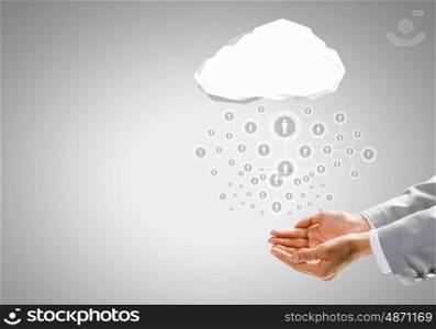 Global net. Close up of businessman hand holding cloud with social net concept