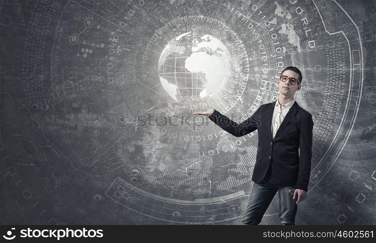 Global net connection. Modern communication technology concept with student guy in glasses