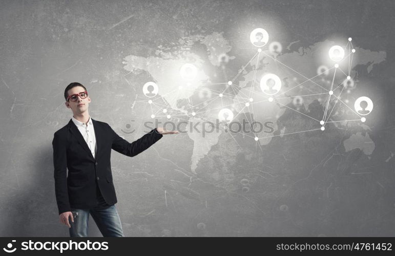 Global net connection. Modern communication technology concept with student guy in glasses