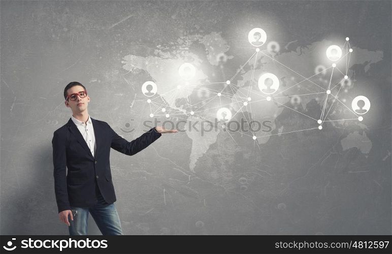 Global net connection. Modern communication technology concept with student guy in glasses