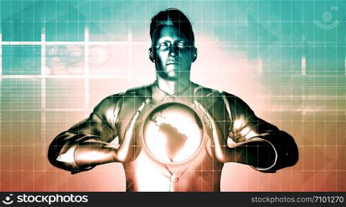 Global Network Background with Businessman Holding Sphere. Global Network Background