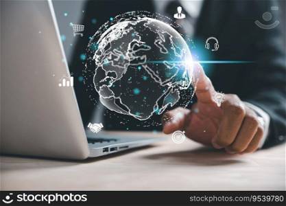 Global network connection, Businessman hand touches map point. Concept of big data analytics, business intelligence, and digital link tech. World map and line composition represent global business. 