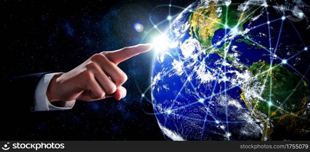 Global network connection covering earth with link of innovative perception . Concept of international trading and digital investment, 5G global wireless connection and future of internet of things .. Global network connection covering earth with link of innovative perception