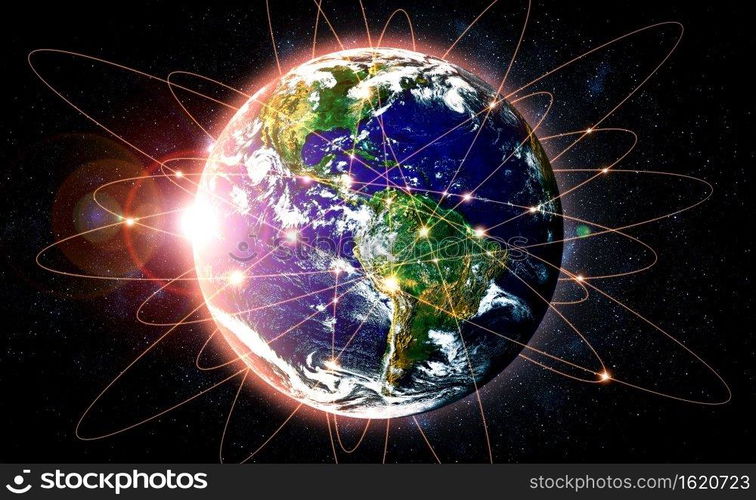 Global network connection covering the earth with lines of innovative perception . Concept of 5G wireless digital connection and future in the internet of things . 3D illustration .. Global network connection covering the earth with lines of innovative perception