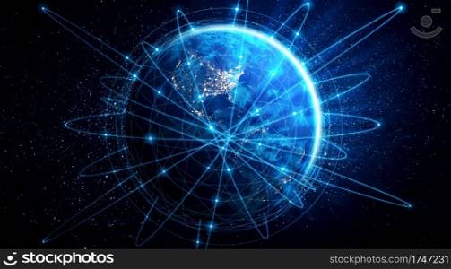 Global network connection covering the earth with lines of innovative perception . Concept of 5G wireless digital connection and future in the internet of things . 3D illustration .. Global network connection covering the earth with lines of innovative perception