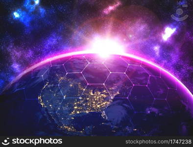 Global network connection covering the earth with lines of innovative perception . Concept of 5G wireless digital connection and future in the internet of things . 3D illustration .. Global network connection covering the earth with lines of innovative perception