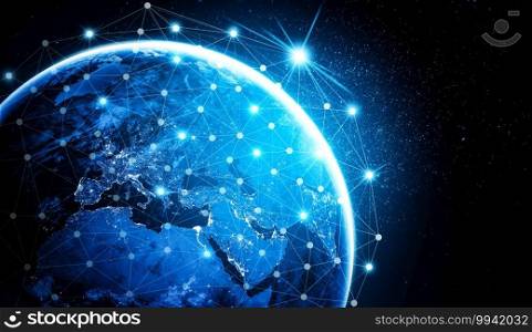 Global network connection covering the earth with lines of innovative perception . Concept of 5G wireless digital connection and future in the internet of things .