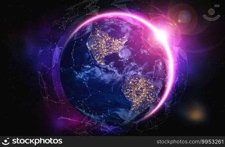 Global network connection covering the earth with lines of innovative perception . Concept of 5G wireless digital connection and future in the internet of things .