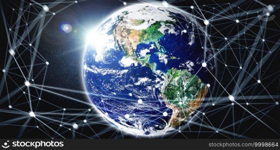 Global network connection covering the earth with lines of innovative perception . Concept of 5G wireless digital connection and future in the internet of things . 3D illustration .. Global network connection covering the earth with lines of innovative perception