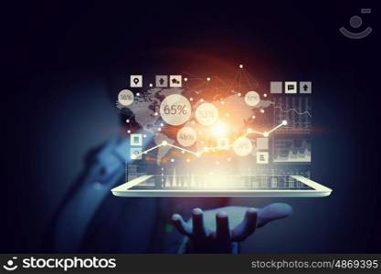 Global network connection. Hand of businesswoman holding touchpad pc presenting social network concept