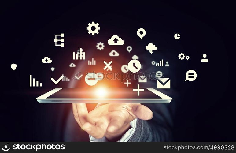 Global network connection. Hand of businesswoman holding touchpad pc presenting social network concept