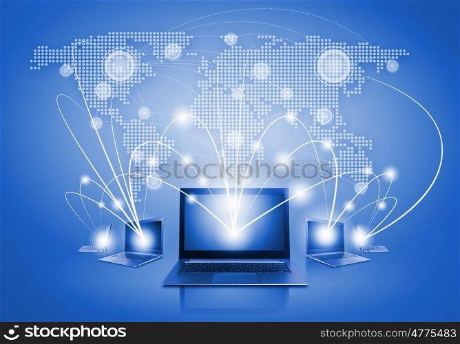 Global network. Laptops against globe blue illustration. Globalization concepts