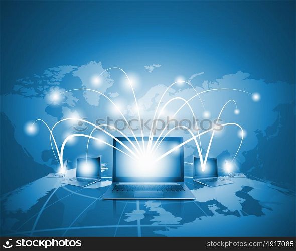 Global network. Laptops against globe blue illustration. Globalization concepts