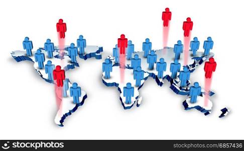 Global recruitment and international business hiring concept as a group of people icons on a world geography with red employees representing recruits or career candidates as a 3D illustration.